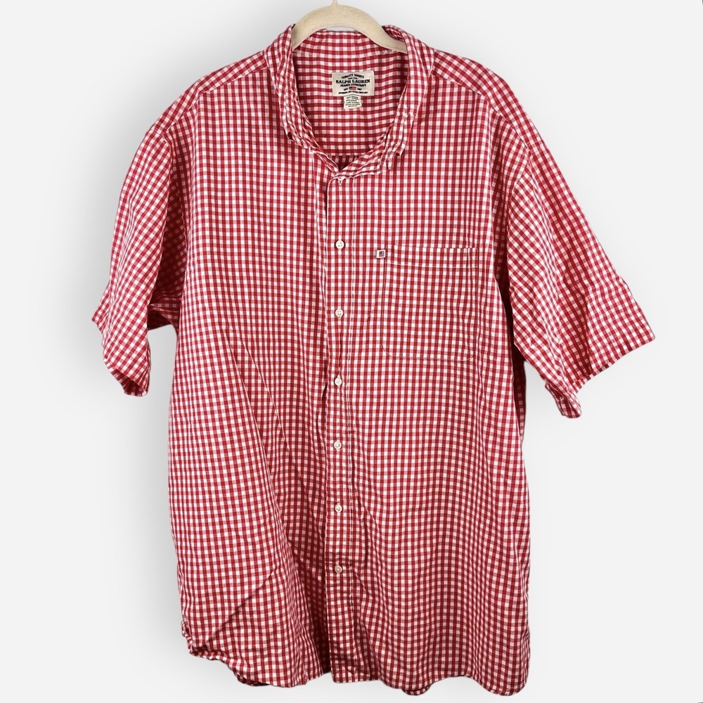 Ralph Lauren‎ Jeans Red White Gingham Short Sleeve Button Down Shirt 2X Tall 2XT